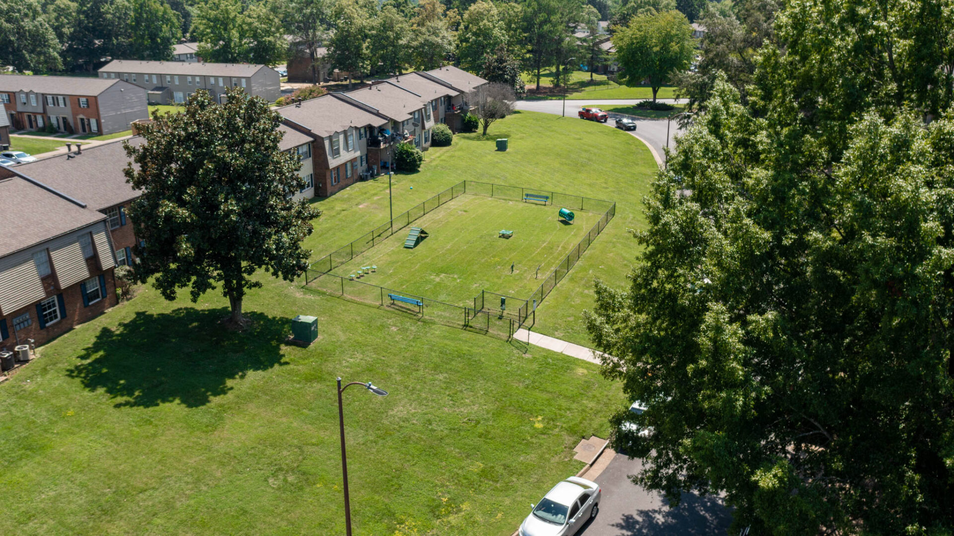 aerial view of dog park in grass